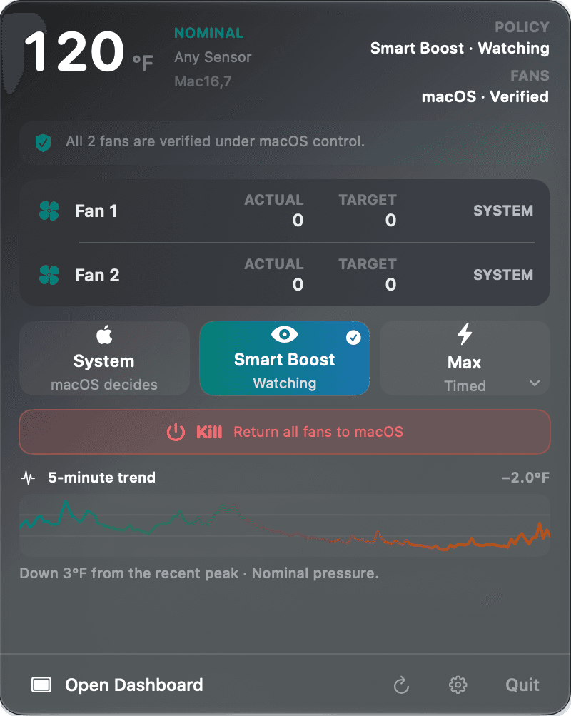 Smart Breeze menu bar popup showing 123°F, fan status, and Smart Boost controls