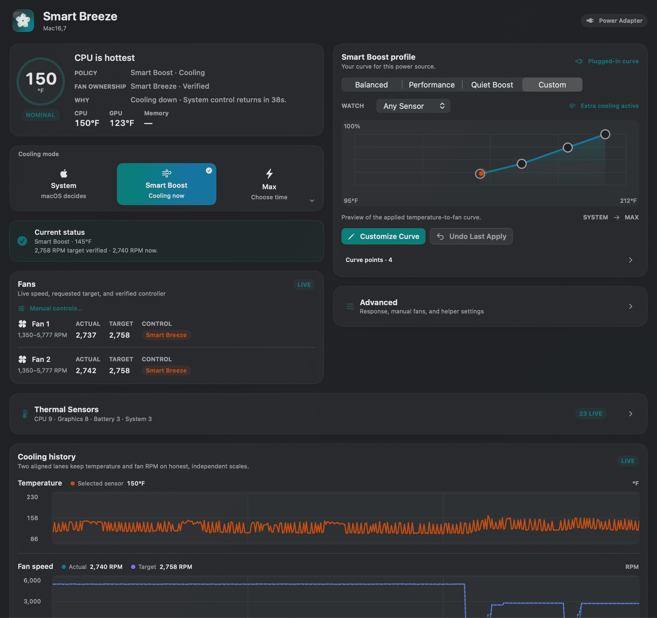 Smart Breeze Build 23 dashboard with Smart Boost cooling, Custom curve, verified fan ownership, and live cooling history
